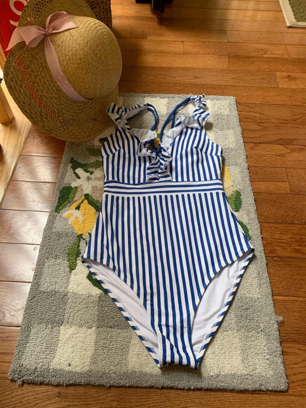 Cupshe Blue and White Vertical Stripe Ruffle One-Piece